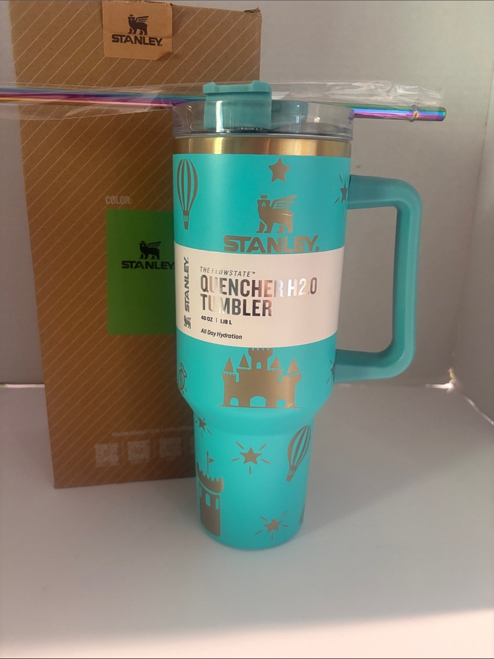 Disney Stanley Turquoise Quencher H2O Tumbler with Handle and Gold Accents